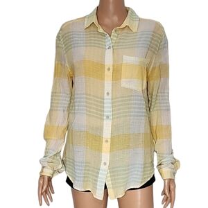 BDG Urban Outfitters Shirt Womens Yellow Plaid Sheer Long Sleeve Button Up Sz SP